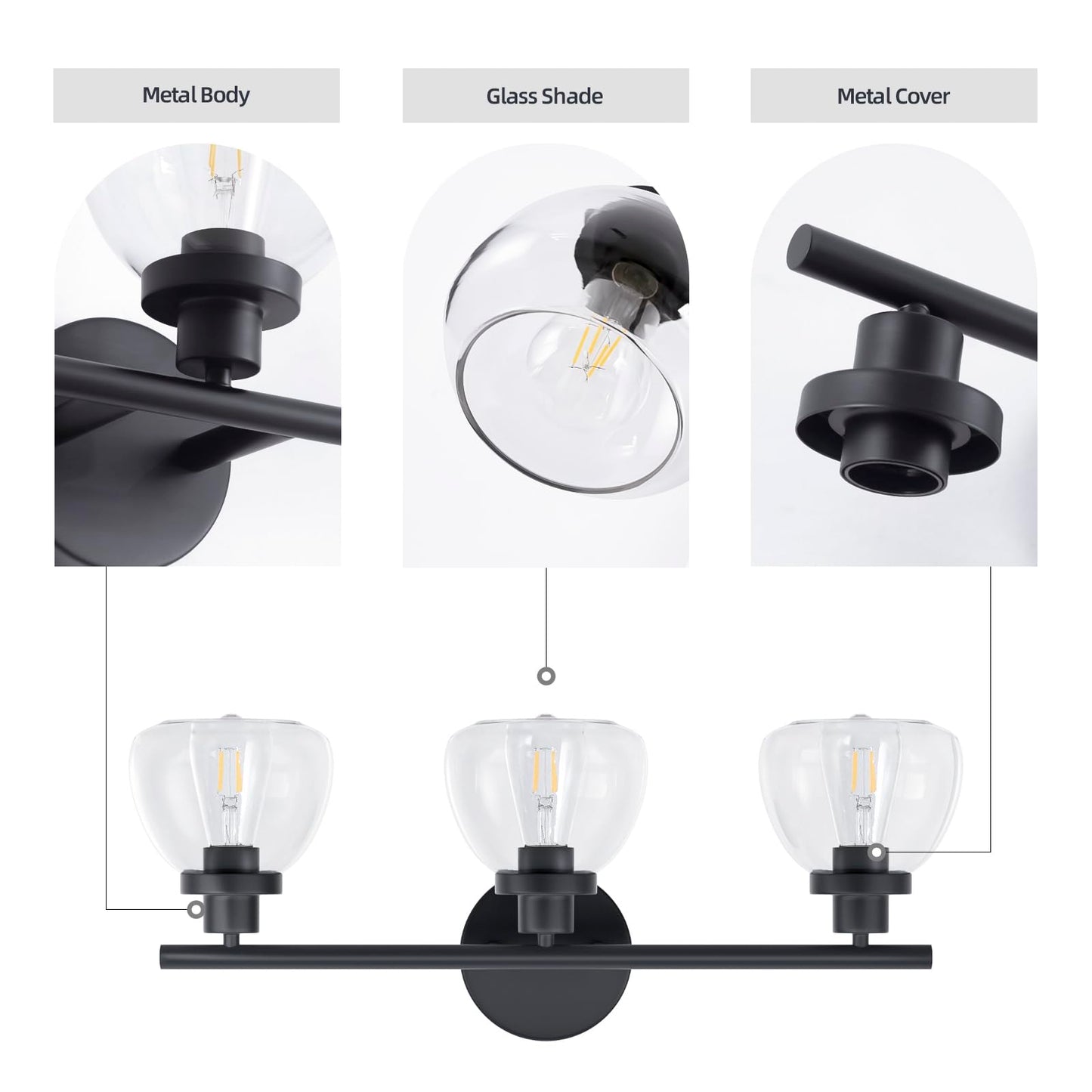 Smplhavn 2025 Upgraded 3-Light Bathroom Light Fixtures, 25 Inch Black Modern Vanity Lights with Clear Glass Shade, Bathroom Wall Lamp over Mirror