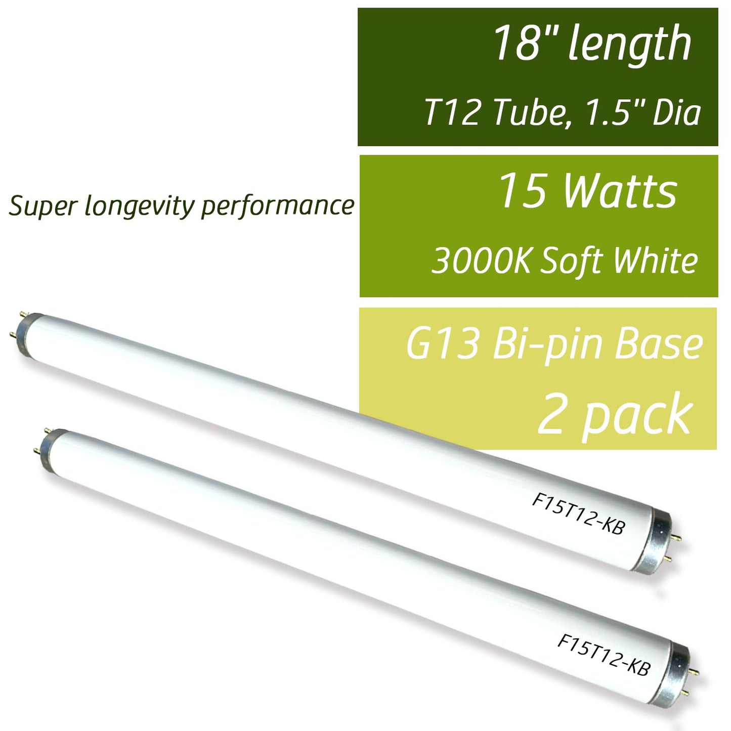 Cemlorot (2 Pack) 18 inch F15T12/Soft White K&B Fluorescent Tube, T12 15Watt Warm White 3000K Replacement for Kitchen & Bath Light Bulb,G13 Bi-pin