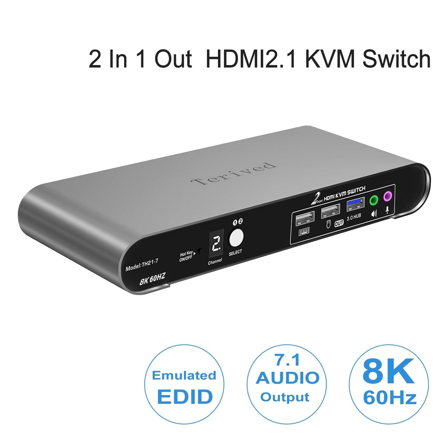 Terived 2 Computers 1 HDMI Monitor Automatic KVM Switch 8K@60Hz, Hotkey Switching, EDID, Support 5.1/7.1 Audio and Microphone, Aluminum Shell