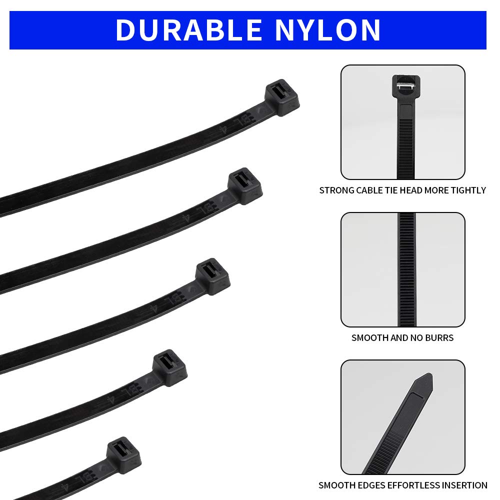 Each 100 Pack KOOWIN 4+6+8+12 inch Self-Locking Eco-Friendly Black Nylon Plastic Cable Zip Ties Assorted Sizes Heavy Duty Wire Tie Wraps for Home