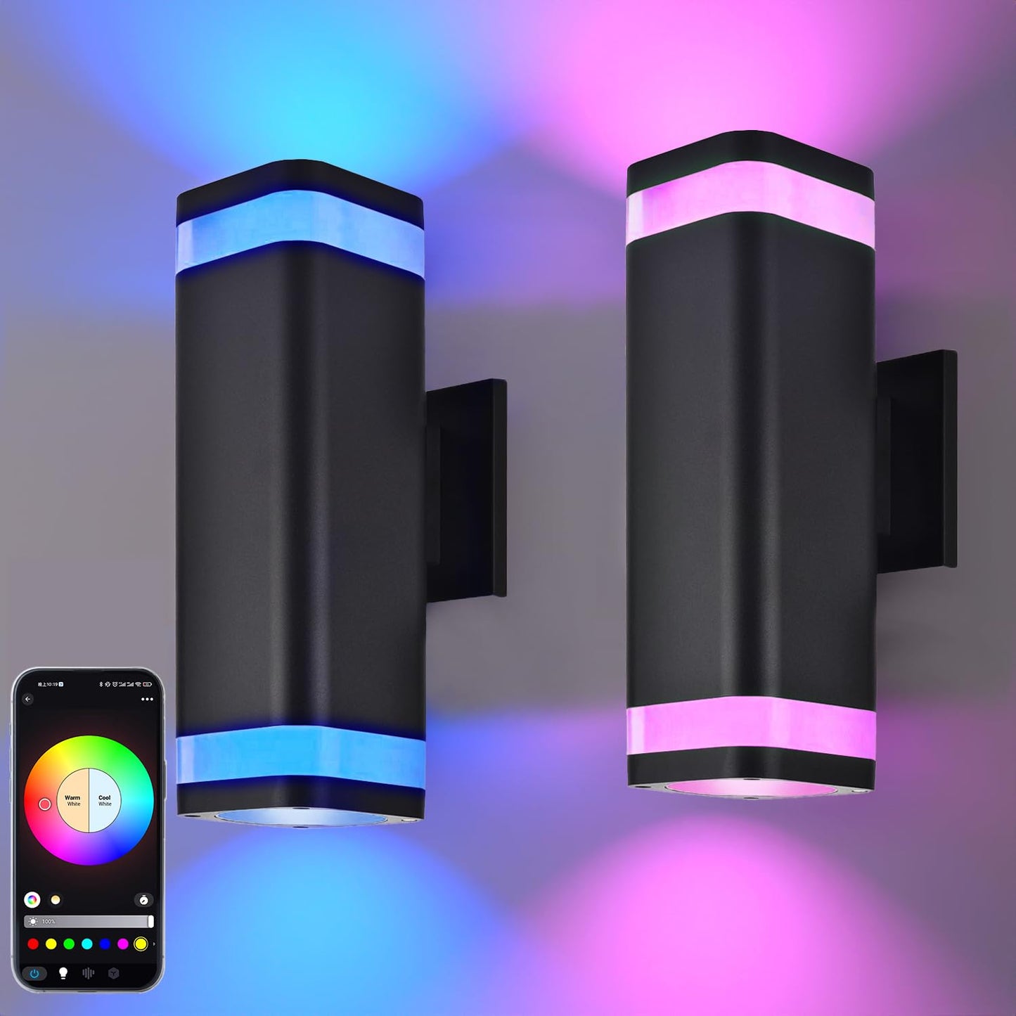 wowlite Smart Up and Down Lights Outdoor 2 Pack, RGBCW Exterior Lighting Fixtures WiFi App Control 2700K-6500K Ambience Wall Sconce Light Color
