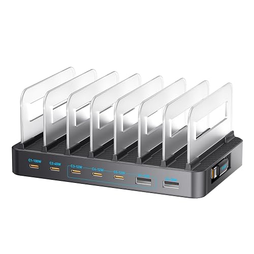 JINNOVA 288W GaN 8-Port USB Charging Station, Retractable Cable with Cooling Fan & Detachable Organizer for MacBook, iPhone, iPad, Samsung, Laptop