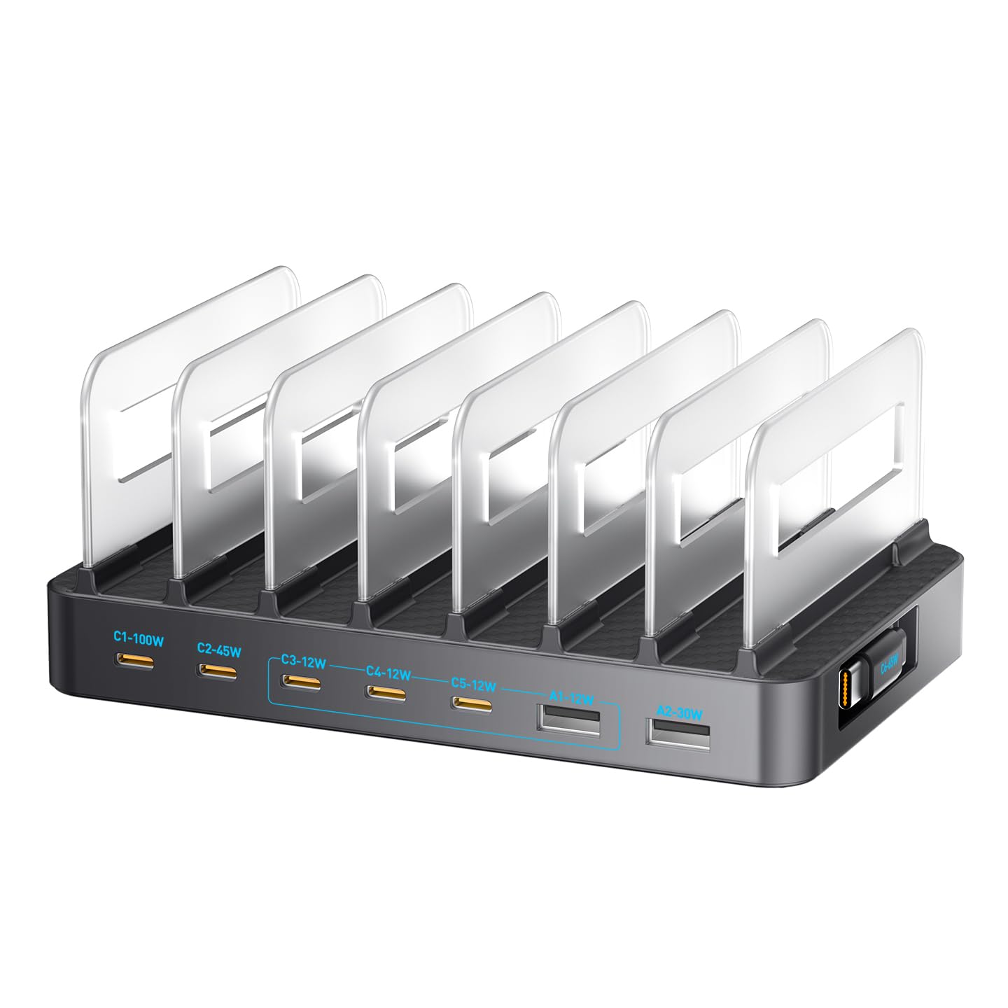 JINNOVA 288W GaN 8-Port USB Charging Station, Retractable Cable with Cooling Fan & Detachable Organizer for MacBook, iPhone, iPad, Samsung, Laptop