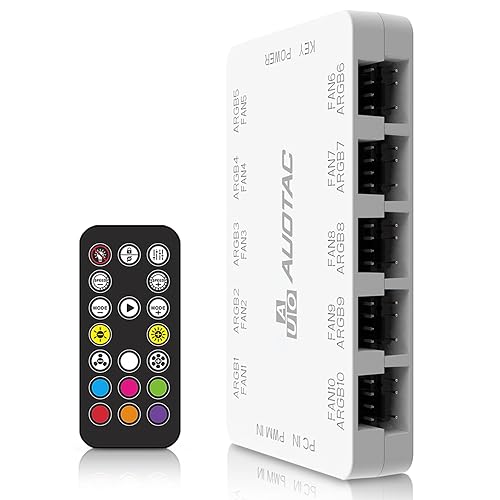 Auotac ARGB Controller PWM Fan Hub with RF Remote, (Connect Ten Case Fans, 5V 3Pin ARGB & 12V 4Pin PWM Fan Connector, Dual SATA Power Input, Magnetic