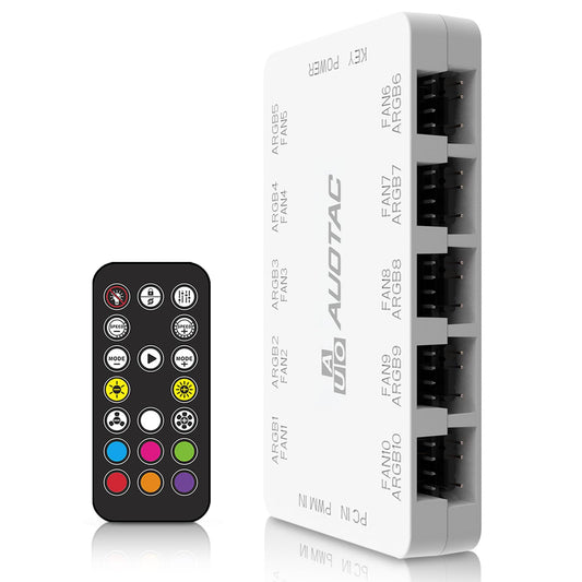 Auotac ARGB Controller PWM Fan Hub with RF Remote, (Connect Ten Case Fans, 5V 3Pin ARGB & 12V 4Pin PWM Fan Connector, Dual SATA Power Input, Magnetic