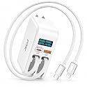 Jasput 67W Retractable Wall Charger, 4in1 GaN Fast Charger with 3.3FT Built-in USB-C & for iPhone Cables, LED Display, Foldable Travel Charger