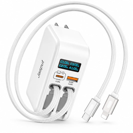 Jasput 67W Retractable Wall Charger, 4in1 GaN Fast Charger with 3.3FT Built-in USB-C & for iPhone Cables, LED Display, Foldable Travel Charger