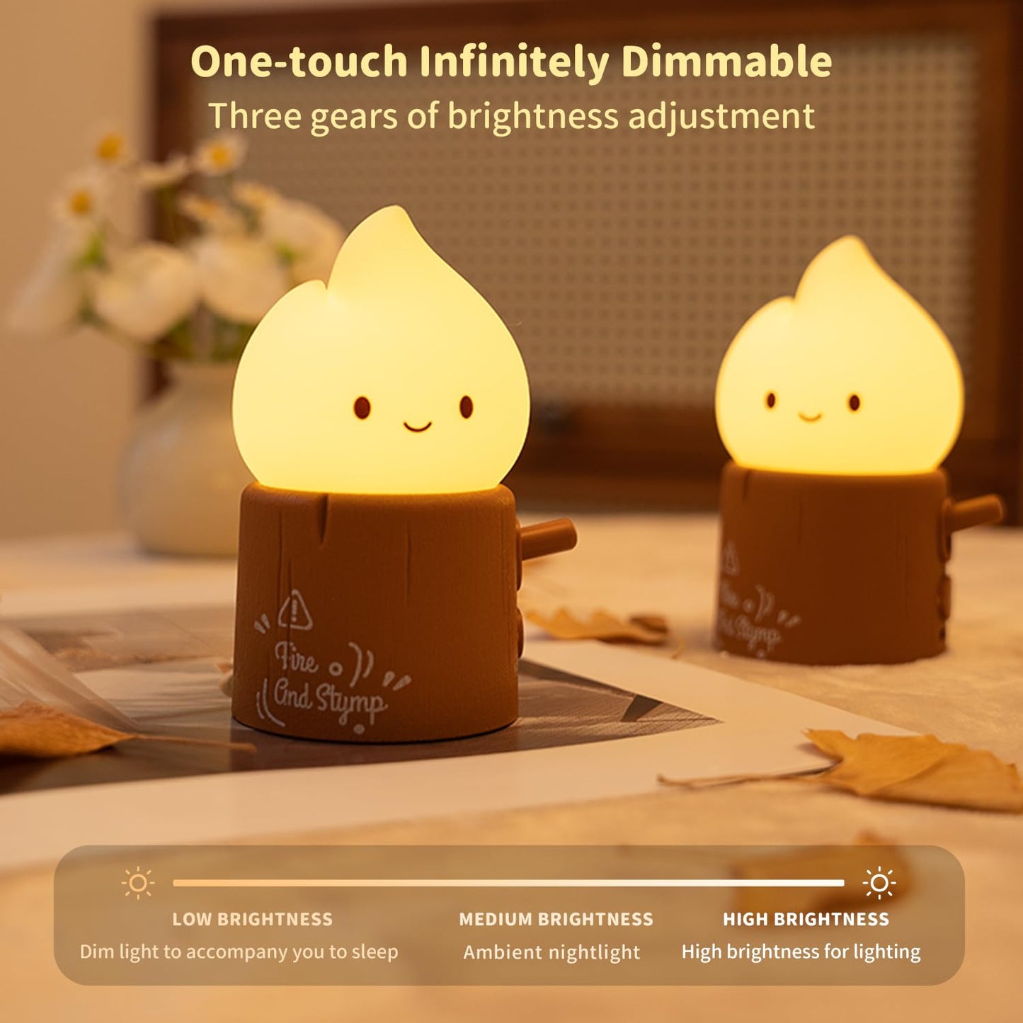 Myratts Led Cute Stump Fire Night Light, Dimmable Nursery Kawaii Lamps, Super Squishy Silicone USB Rechargeable Timer Night Lamp for Kids Adults, Used