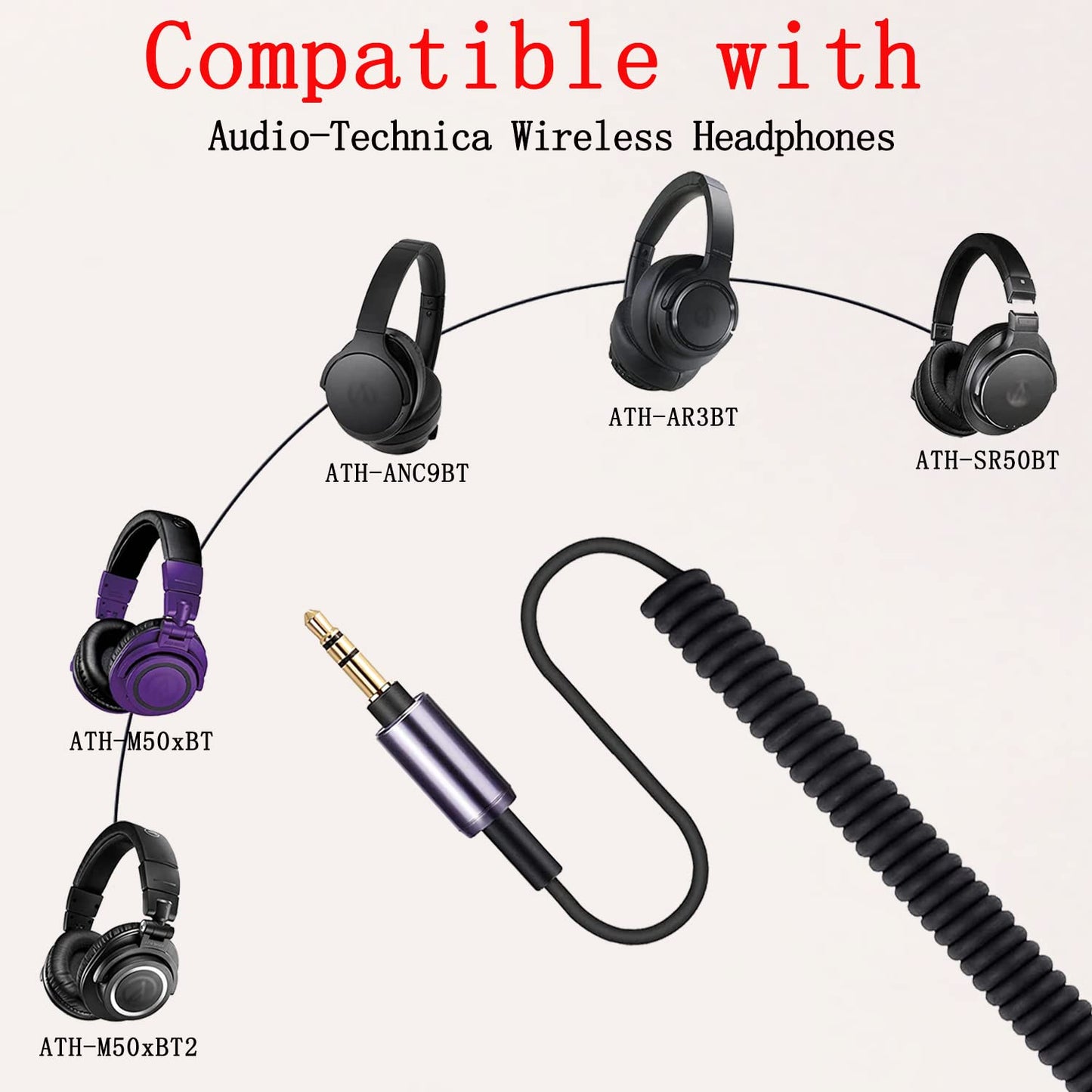 FAAEAL ATH-M50xBT Coiled Audio Cable Compatible with Audio Technica SR50BT ANC9 Sony WH-1000XM5 XM4 WH-XB910N MDR-1000X Headphones 3.5mm(1/8")…