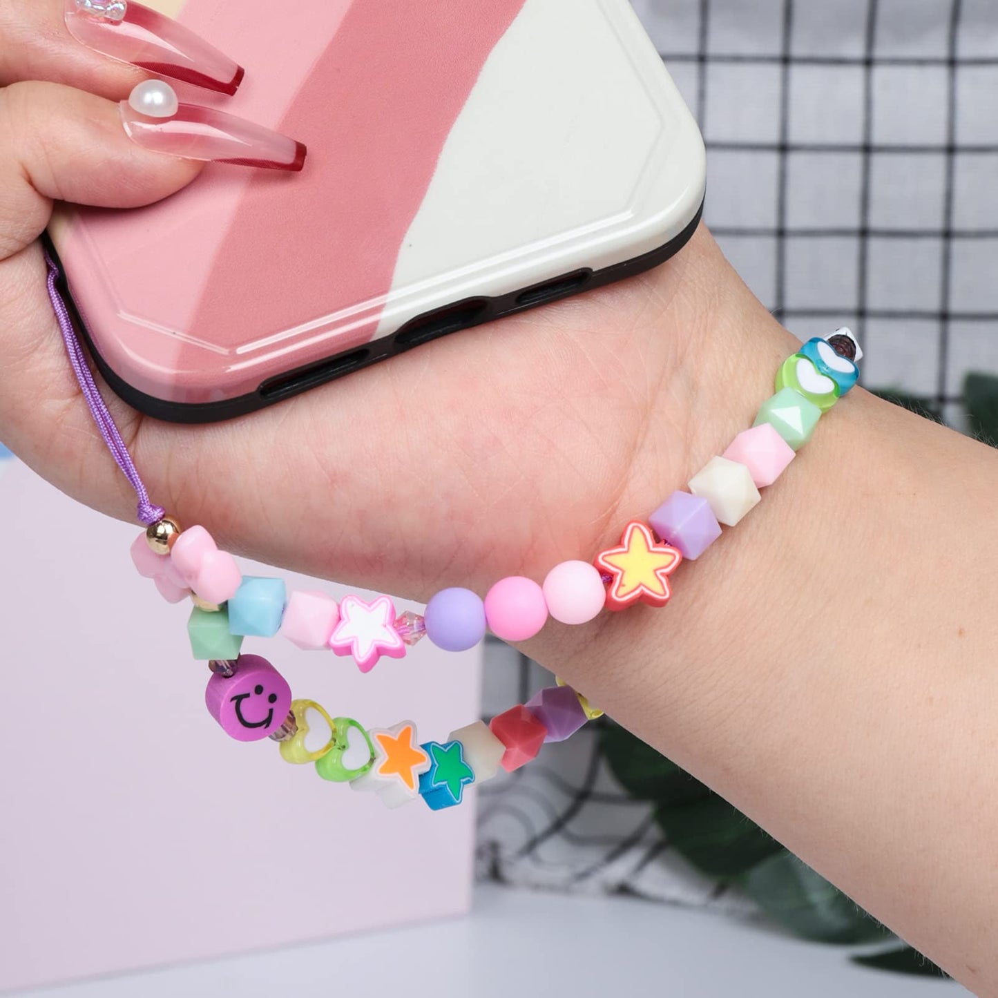 Ninelimi 3 Pieces Smile Face Beaded Phone Lanyard Wrist Strap Fruit Star Letter Pearl Handmade Rainbow Polymer Clay Acrylic Beads Pearl Bracelet