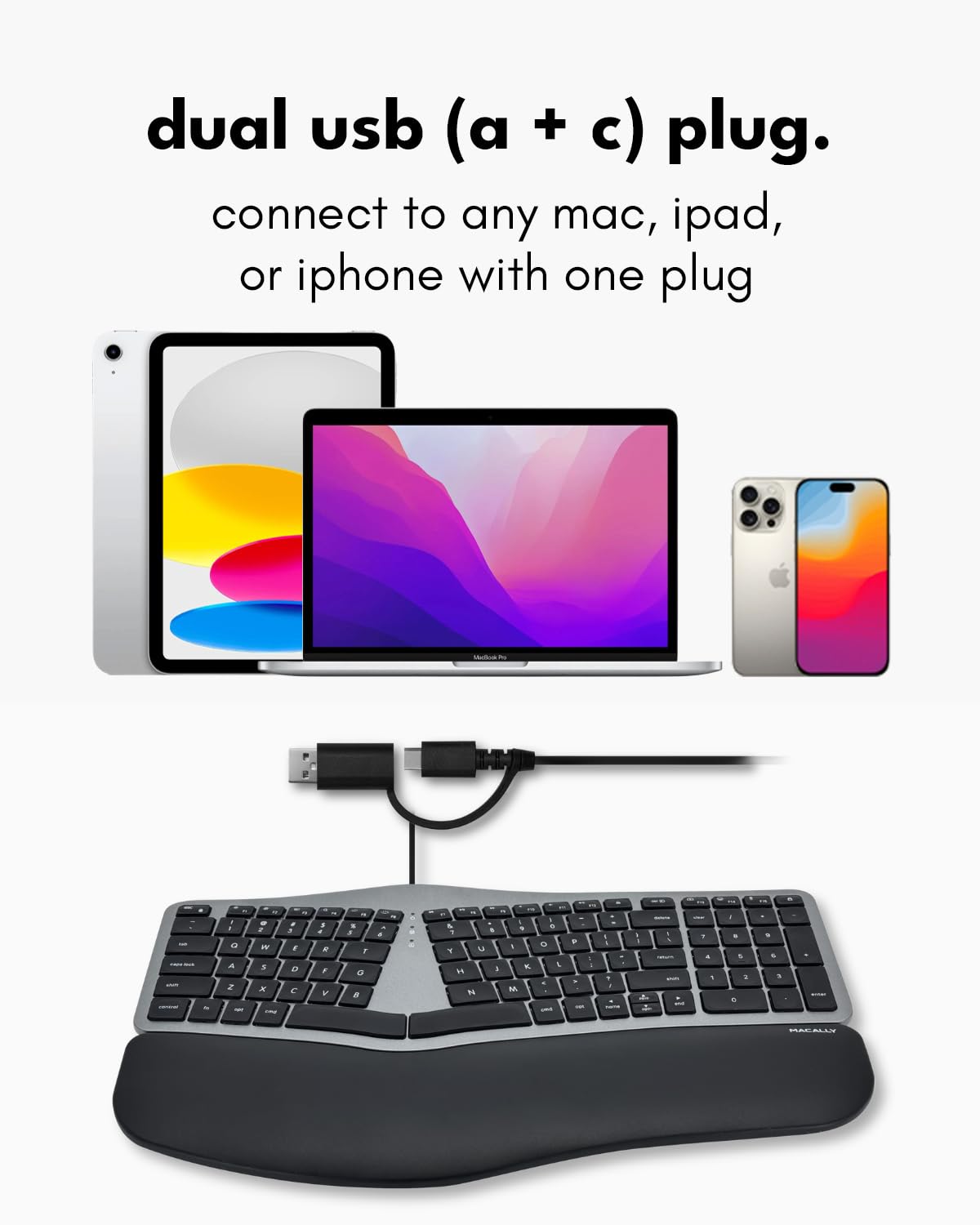 Macally Wired Ergonomic Keyboard for Mac - USB Hub, Backlit Keys, Dual USB C + A Plug, Split Design, Padded Wrist Cushion - Compatible Apple Keyboard