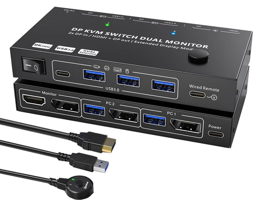 MST Displayport Splitter Dual Monitor KVM Switch 2 Monitors 2 Computers 1 DP in 2 Screens Out (DP&HDMI) Support Max Single 8K@30Hz/Dual 4K@100Hz USB