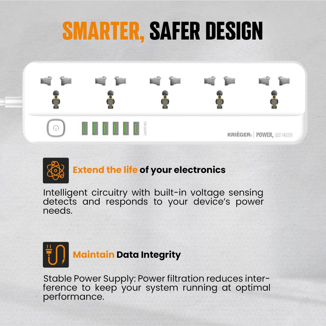 K KRIËGER Universal Power Strip Surge Protector, 5 Outlets, 6 USB Ports, Child Saftey Latch, On/Off Power Button, 2M Extension Cord, Flat Plug