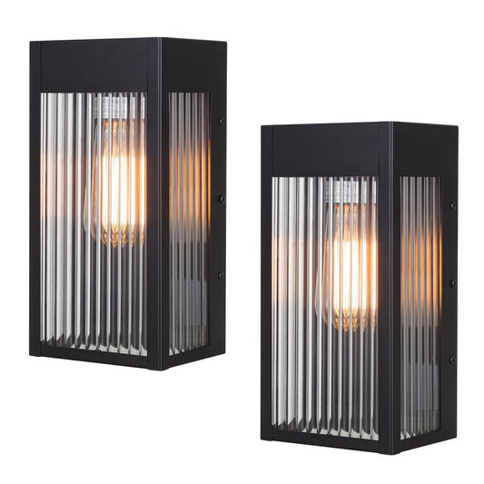 Cerdeco 12" Black Outdoor Wall Light with Striped Tempered Glass,Modern Outdoor Wall Sconce with E26 Socket,2 Pack(ETL Listed)