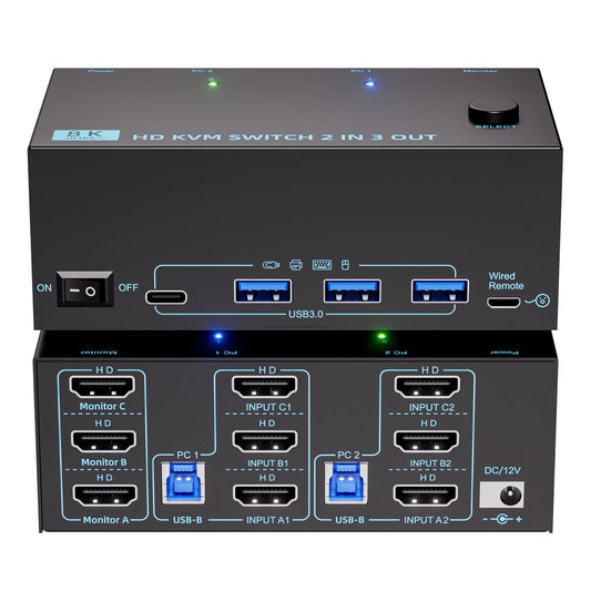 KVM Switch 3 Monitors 2 Computers 8K@60Hz/4K@120Hz, HDMI KVM Switches for 2 PC Sharing Triple Monitor and Keyboard Mouse with Power Adapter, Wired