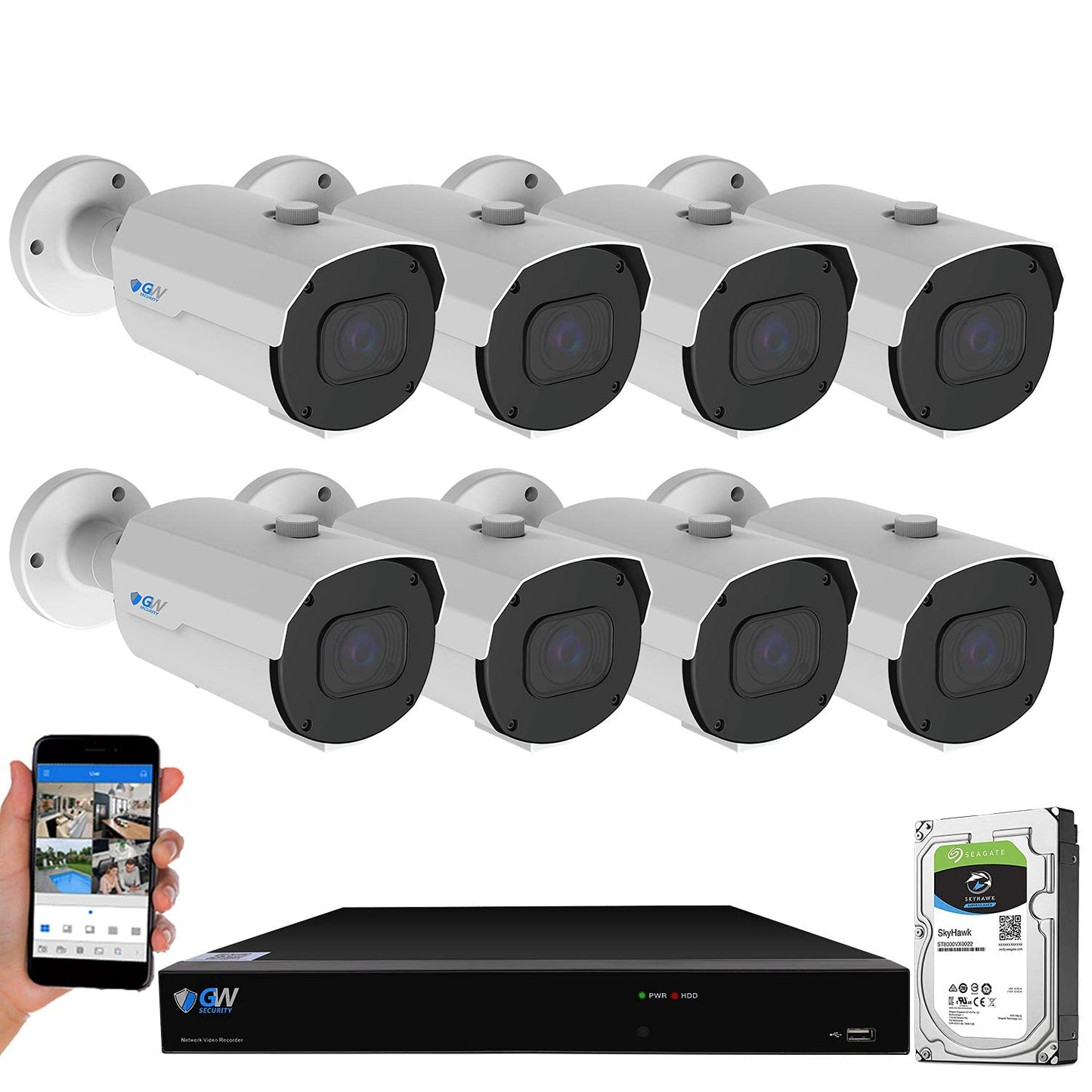 GW 4K (3840x2160 @30fps Real-time) 5X Optical Motorized Zoom Outdoor 8MP Bullet PoE IP 8 Channel Security Camera System, 130FT Night Vision, AI Facial