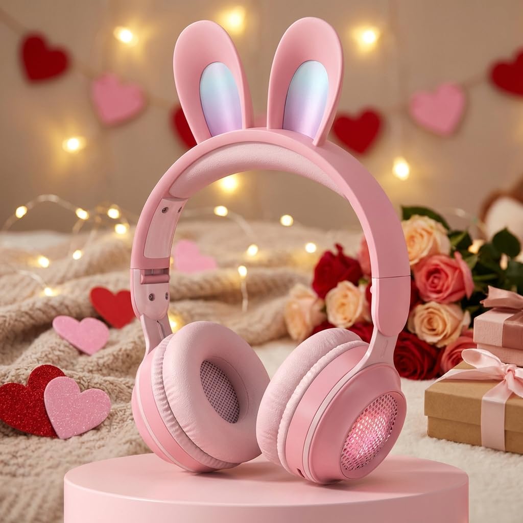 KERHAND Kids Bluetooth Cat Ear Headphones LED Light, Noise Cancelling, Pink