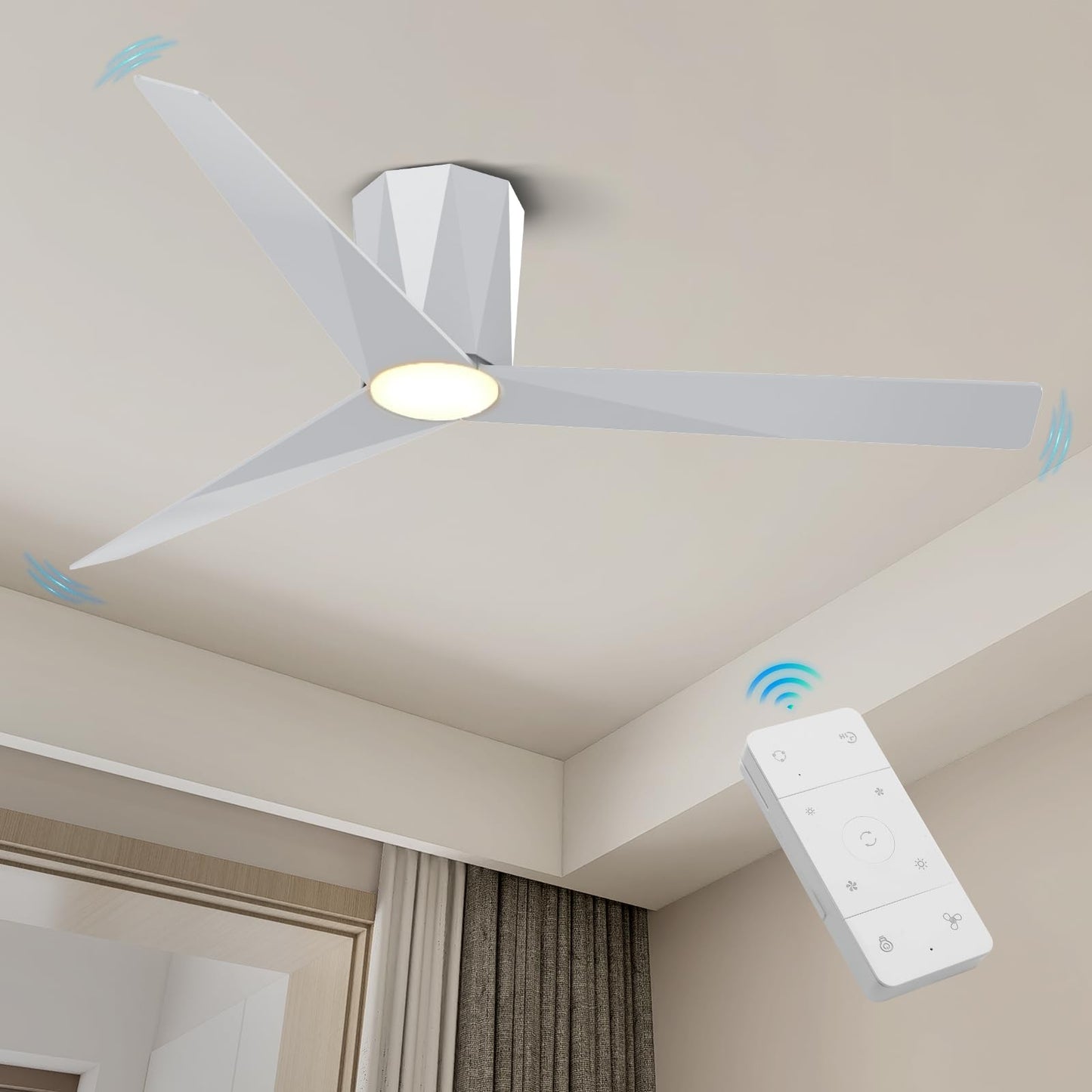 Roomratv 52 Inch Modern Silver Finished Ceiling Fans with Dimmable Led Lights, Flush Mount Ceiling Fan with Remote Control, Quiet DC Reversible Motor