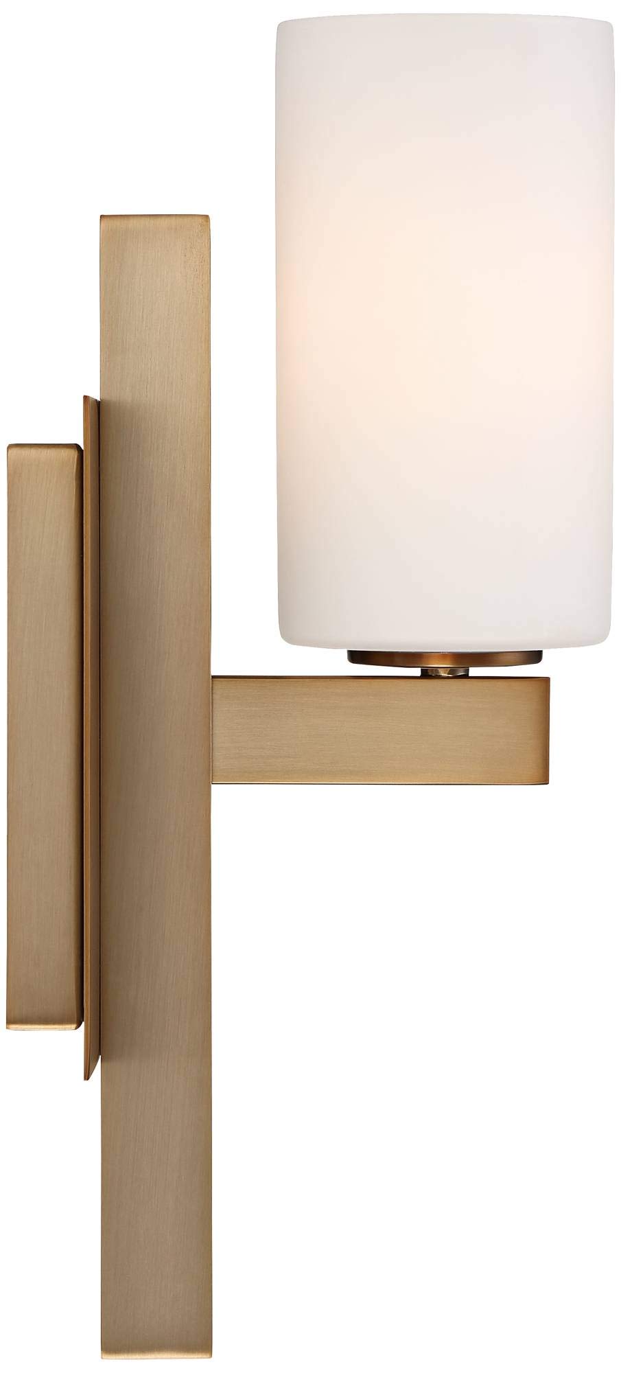Possini Euro Design Ludlow Modern Wall Sconce Lighting Burnished Brass Metal Hardwired 14" High Fixture Frosted White Glass for Bedroom Bathroom