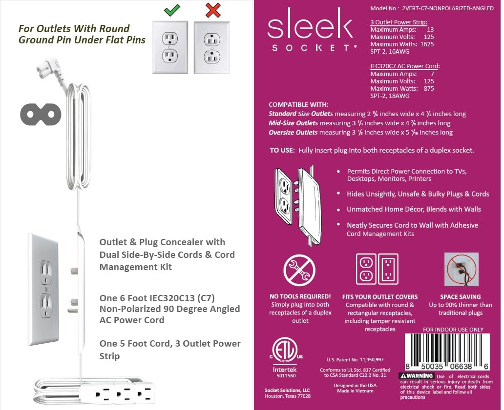 Sleek Socket Original & Patented Ultra-Thin Outlet Concealer with Cord Concealer Kit, Top 6 Foot A/C Power Cord for Mounted TV with C7 or C13