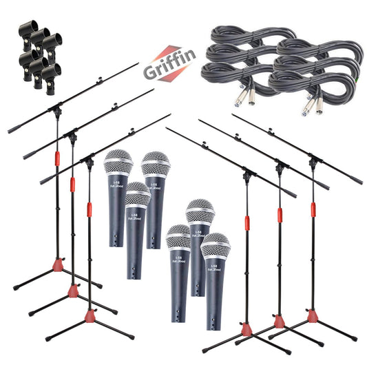 GRIFFIN 6 Pack Boom Mic Stands (StageLOCK Series) with Cardioid Vocal Microphones & 20ft XLR Cables - Tripod base for Studio Recording or Karaoke