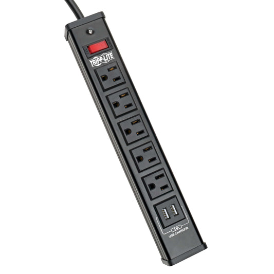 Tripp Lite 5 Outlet Surge Protector Power Strip, 6ft Cord, 450 Joules, 2 USB Charging Ports, Led, $10K Insurance (TLM526USBB), 14.25in. X 4.75in. X