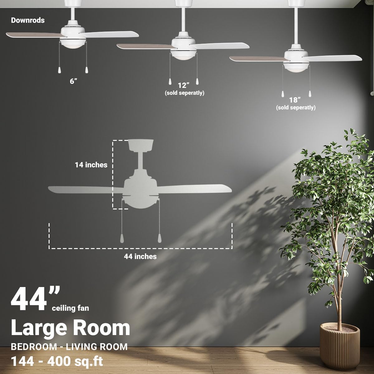 Wynwood 44-inch Connie Indoor Ceiling Fans with Lights, Pull Chain, Matte White, 3-Blade, Frosted White Shade [W58356]