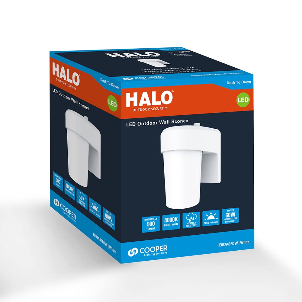 HALO FE 1-Light White LED Outdoor Lantern Sconce with Dusk to Dawn