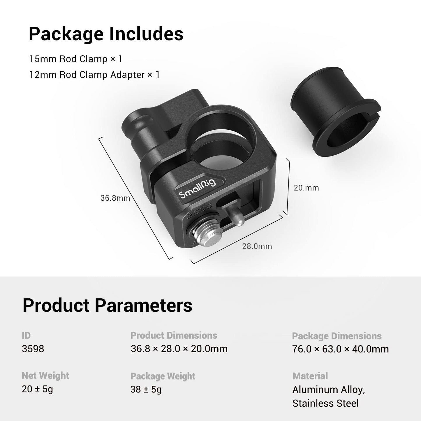 SmallRig 12mm/15mm Single Rod Clamp for SmallRig Cage 3440, 3277, 3278,3784 and 3212-3598