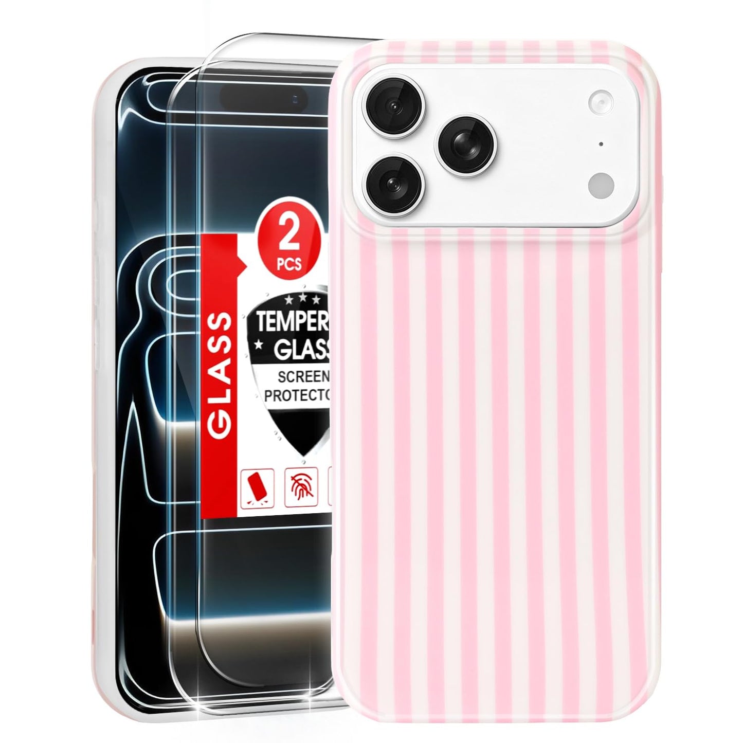 MYY for iPhone 17 Pro Max Case [with 2X Screen Protector],Cute Striped Phone Case Soft TPU Slim Shockproof Phone Cover for Women Girls (Pink)