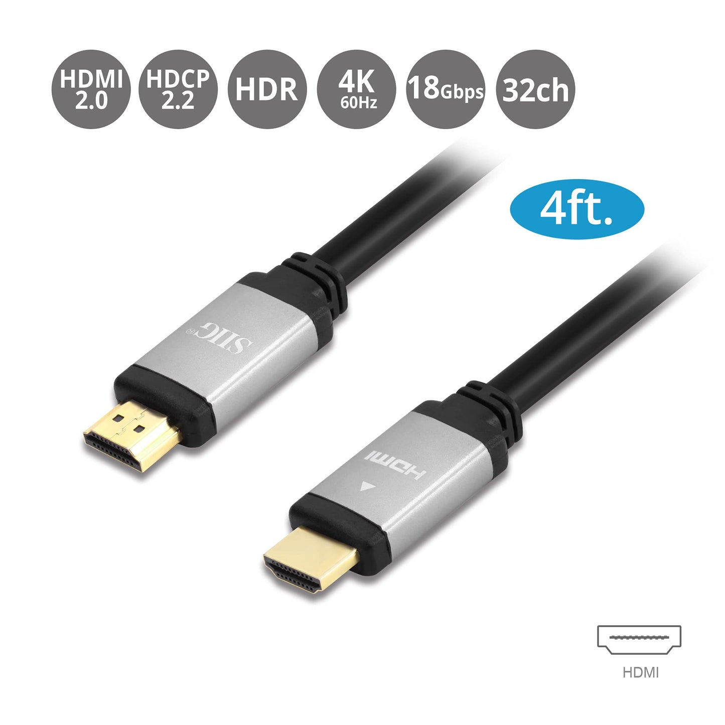 SIIG 4K High Speed HDMI Cable - 4ft, HDMI 2.0 Cable, Supports high Resolution up to 4K@60Hz, HDCP 2.2,HDR (CB-H20S11-S1)