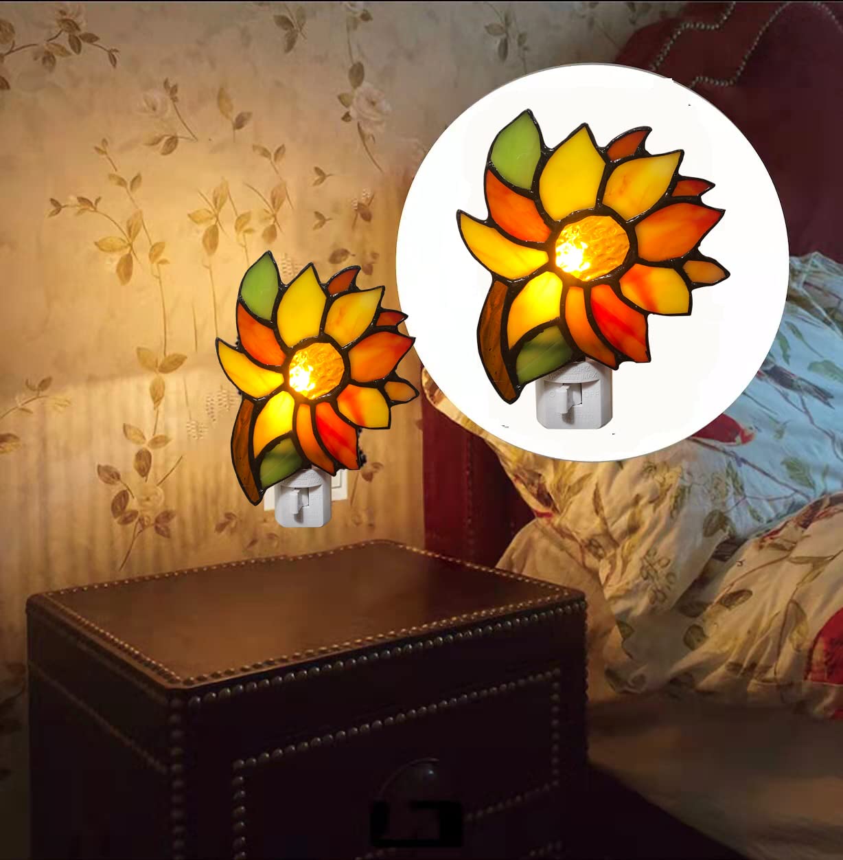 HUIMEIJU Colored Glass Sunflower Night Light, Tiffany Glass, Children's Room, Wall Mounted, Orange