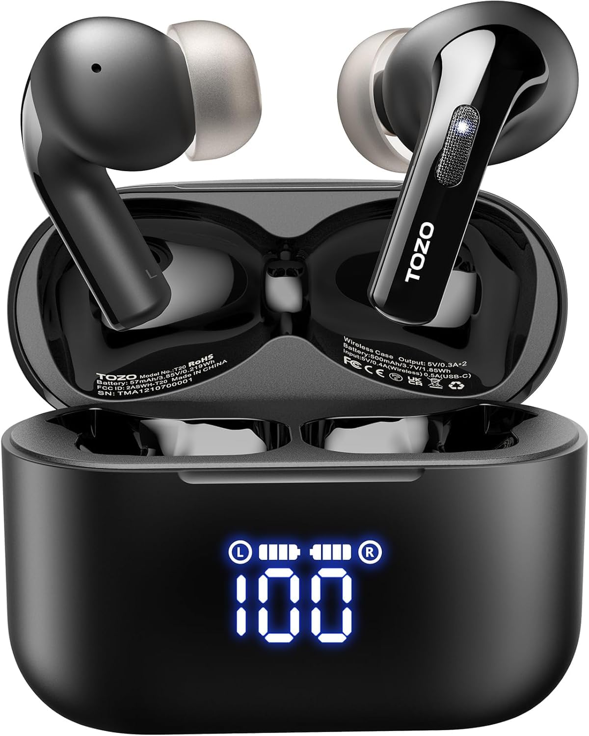 TOZO T20 Wireless Earbuds Bluetooth Headphones 48.5 Hrs Playtime with LED Digital Display, IPX8 Waterproof, Dual Mic Call Noise Cancelling 10mm Broad