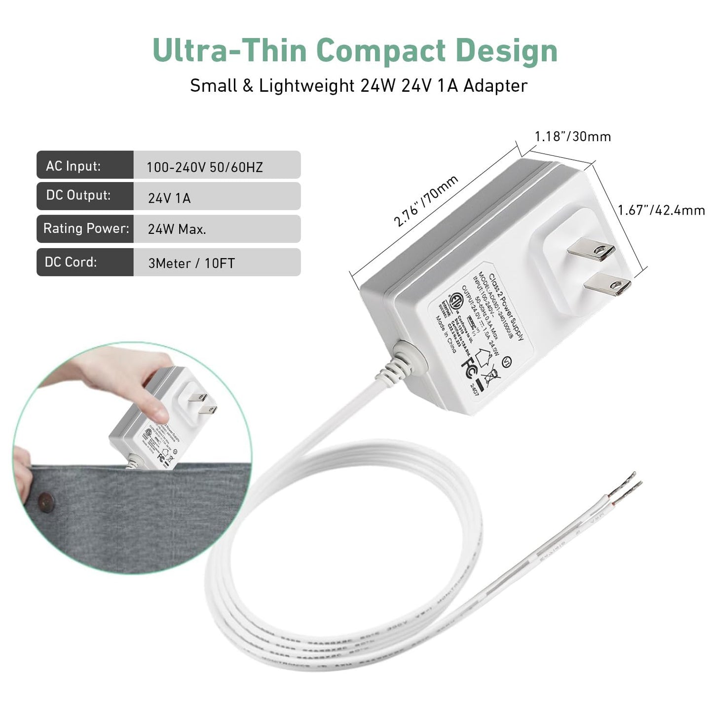 Rollerhouses 24V 1A 24W White Plug-in Transformer DC Wall Charger Adapter/Power Supply Adapter w/5 Ft Cable, AC 100-240V to DC 24V Power Converter…