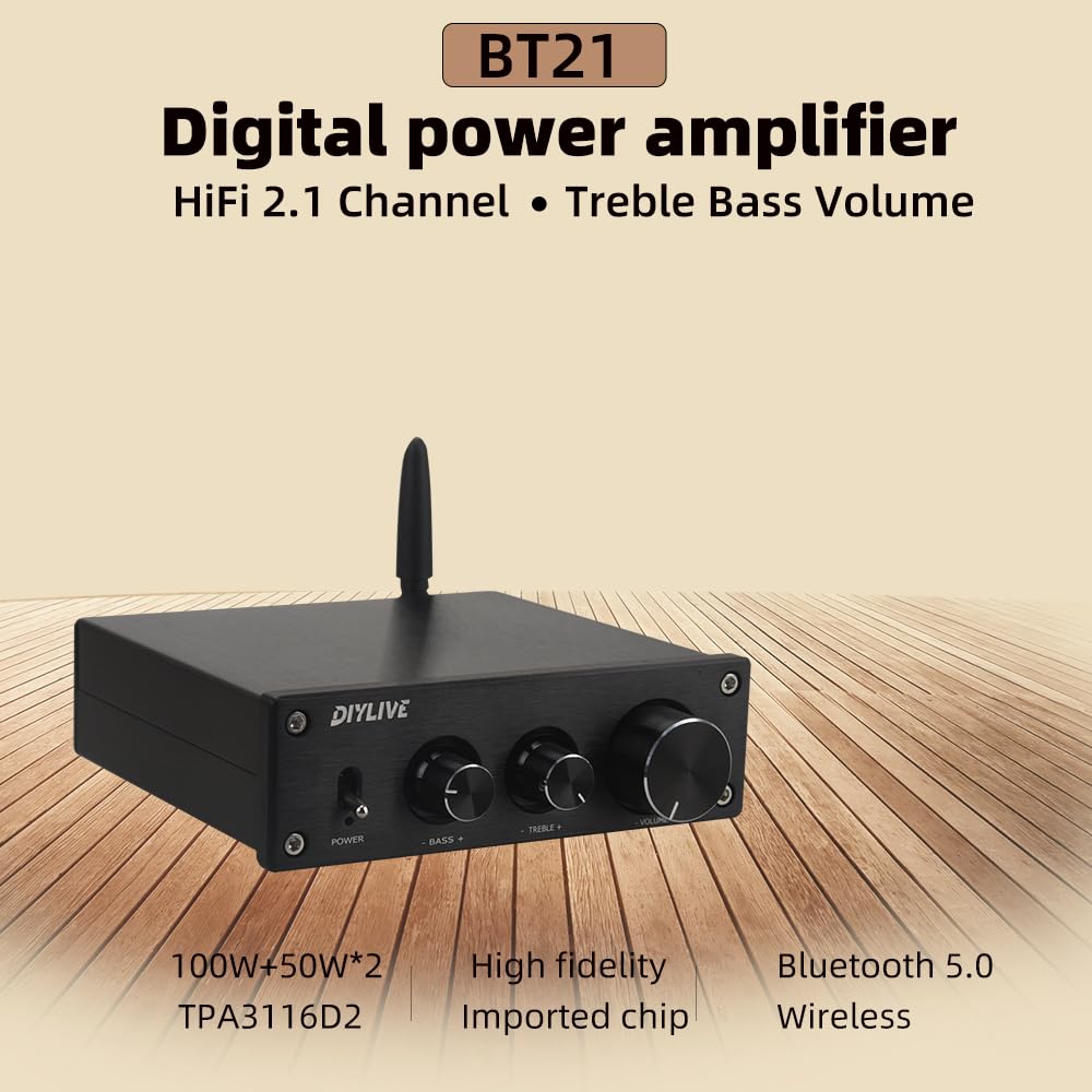 HIFIDIY LIVE BT21 TPA3116D2 Bluetooth 5.0 2.1 Channel Subwoofer Power Amplifier Board 50W×2+100W REBLE Bass Note Tuning AMP DC12V-24V