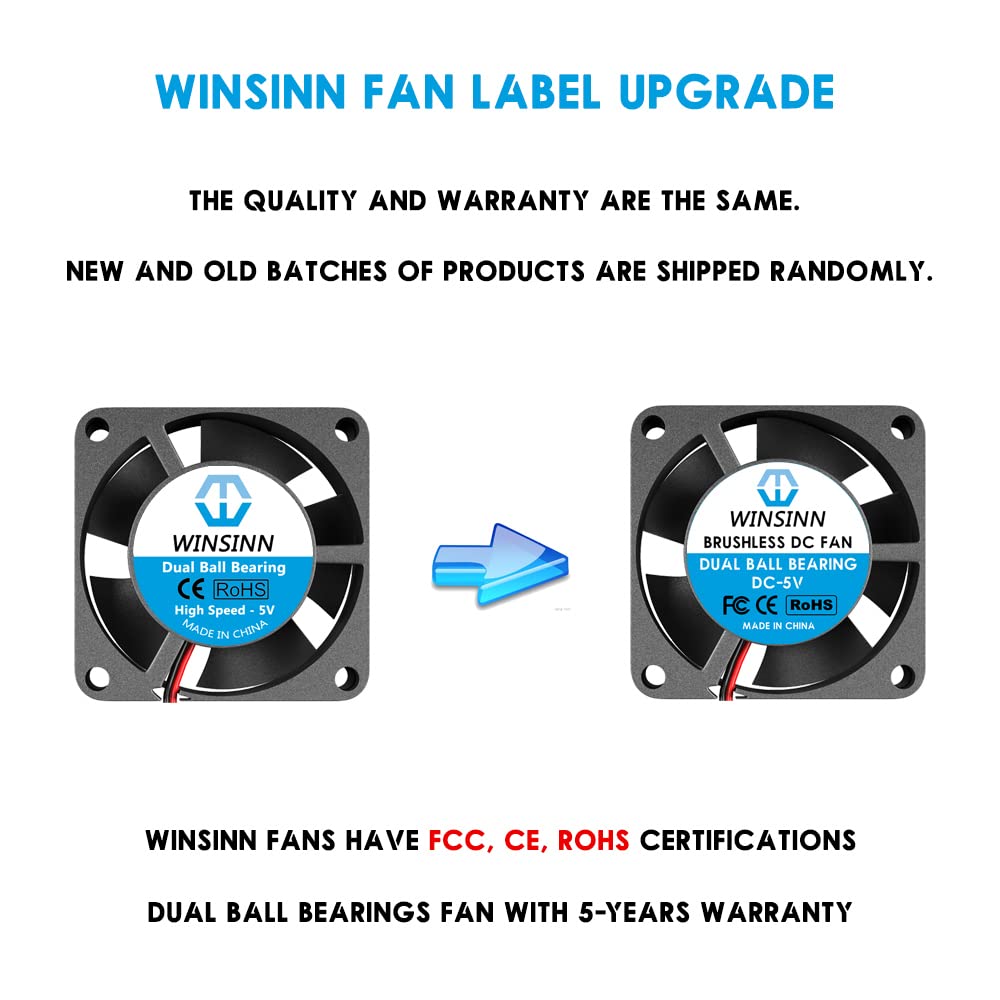 WINSINN DC 25mm Fan 5V 2510 Dual Ball Bearing Brushless Cooling 25mmx10mm 2PIN (Pack of 5Pcs)