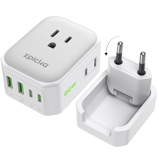 EPICKA Hybrid European Travel Plug Adapter, Foldable & Detachable Type C (EU) VisaPlug, 8-IN-1 International Power Adapter with 4 USB Ports (2 USB-C…