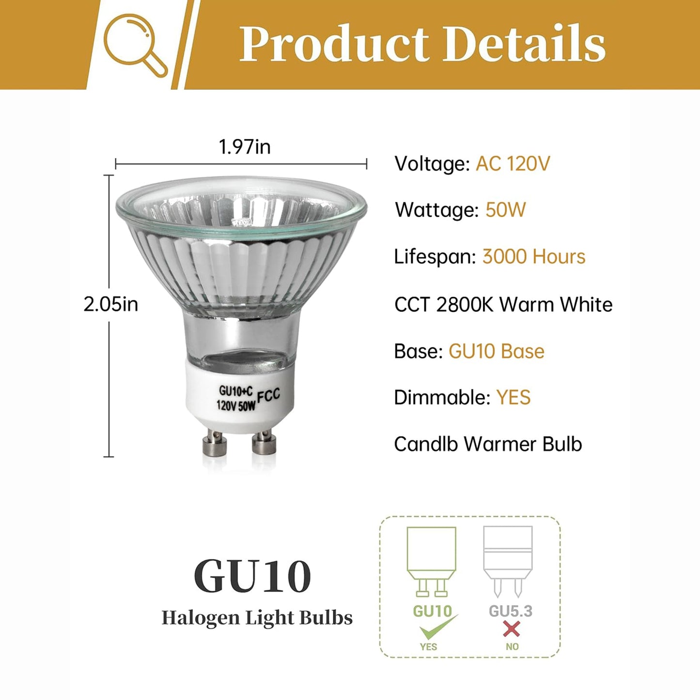 Elenhome GU10 Halogen Light Bulbs, 6 Pack 120V 50W Dimmable MR16 GU10+C Bulbs with Glass Cover, 2800K Warm White Scent Wax Burner Light Bulb
