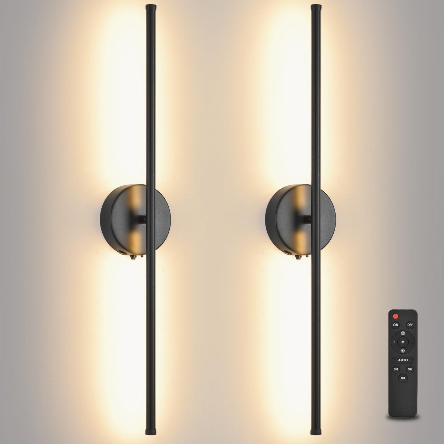 Povectolay Wall Sconces Battery Operated Set of 2, Black LED Wireless Wall Sconce with Remote Control 350° Rotating, 27.6 Inch Dimmable USB