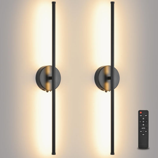 Povectolay Wall Sconces Battery Operated Set of 2, Black LED Wireless Wall Sconce with Remote Control 350° Rotating, 27.6 Inch Dimmable USB