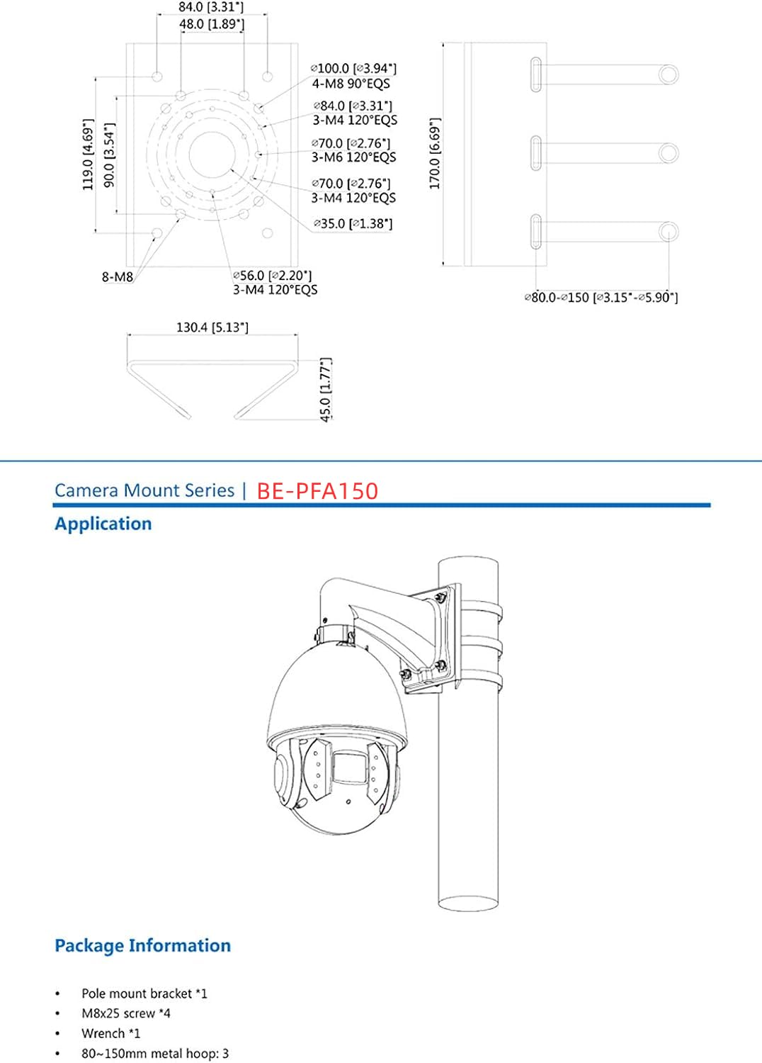 BeElion Pole Column Vertical Pole Mount Bracket for CCTV Dahua Wall Mounts Dome Security Cameras- Adjustable 80-150mm Hoop, 10KG Heavy Duty
