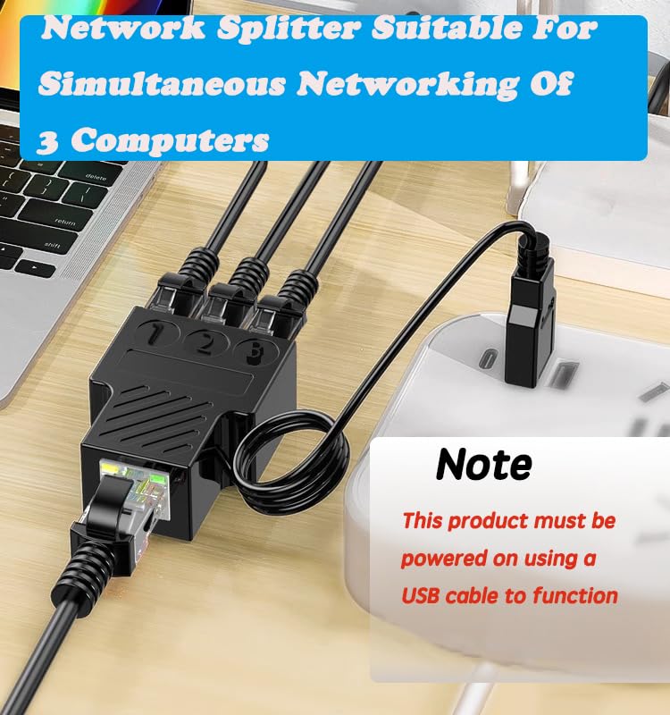Aoiutrn RJ45 Network Splitter Adapter, USB to RJ45 Network 1 to 3 Dual Port Ethernet Socket Connector 8P8C Extender Plug LAN Interface
