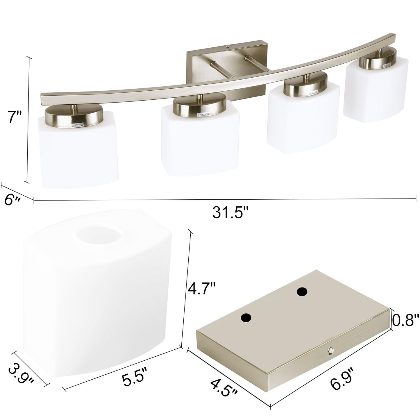 Dosoty 4-Light Brushed Nickel Vanity Light Fixture with White Glass Shade for Bathroom Over Mirror, 31.5 Inches