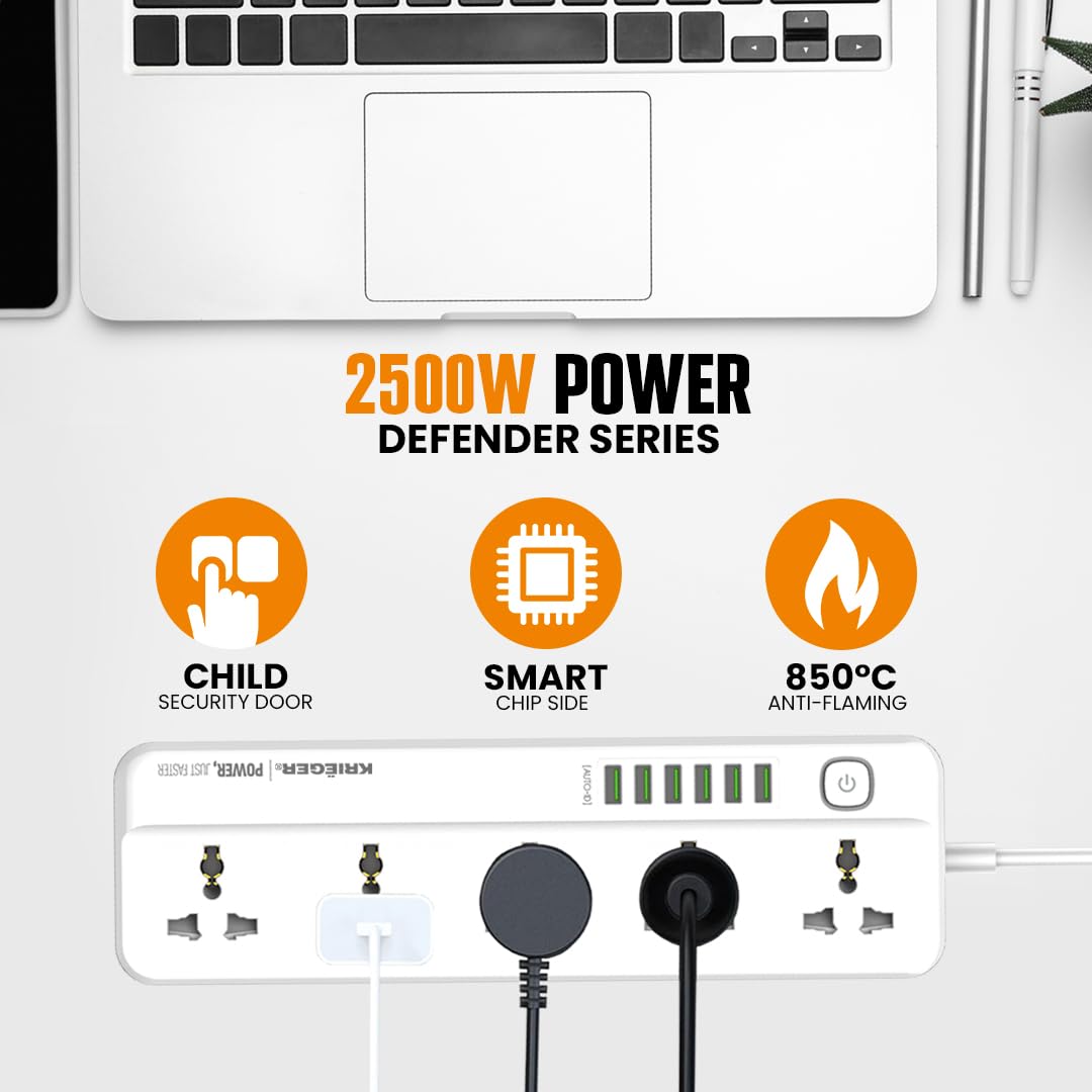 K KRIËGER Universal Power Strip Surge Protector, 5 Outlets, 6 USB Ports, Child Saftey Latch, On/Off Power Button, 2M Extension Cord, Flat Plug