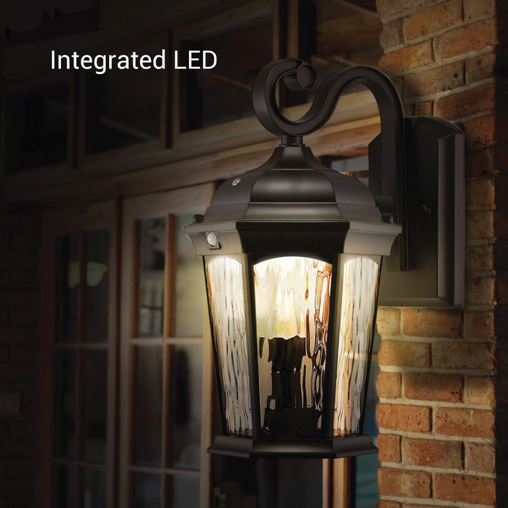 Euri Lighting EFL-130W-MD Flickering Flame Porch Light, Water Glass, with Integrated Security Light (3000K), Motion-Sensor, Dusk-to-Dawn, Oil Rubbed