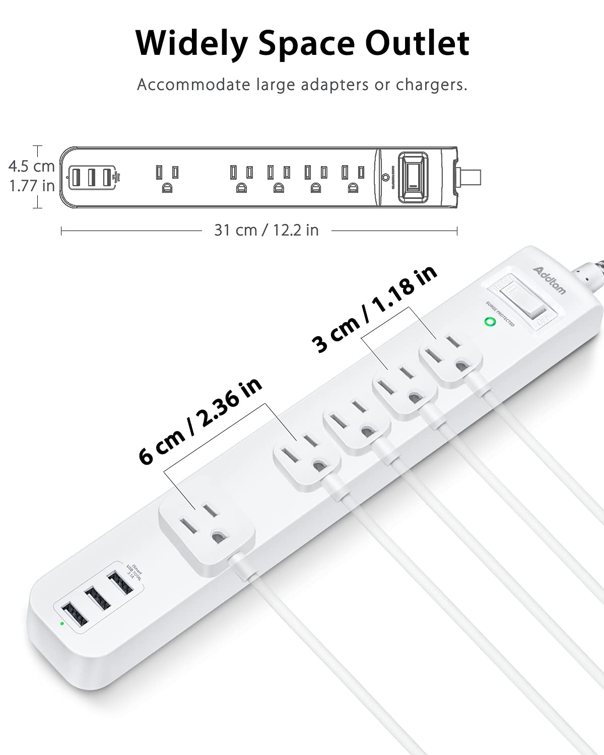 2 Pack Power Strip Surge Protector - 5 Widely Spaced Outlets 3 USB Charging Ports, 1875W/15A with 5Ft Braided Extension Cord, Flat Plug, Overload