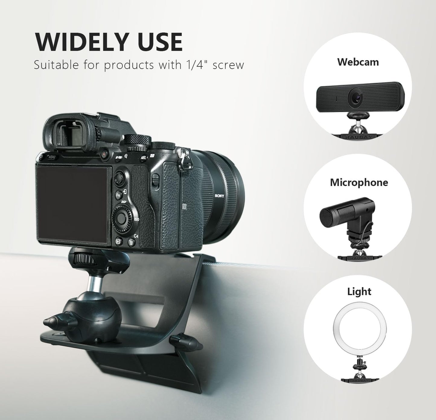 RAUBAY ?CM01? Monitor Top Camera Mount Clamp, Hanging Webcam Stand with 1/4" Screw, Suitable for Flat-Screen Monitors, for Live Stream, Video