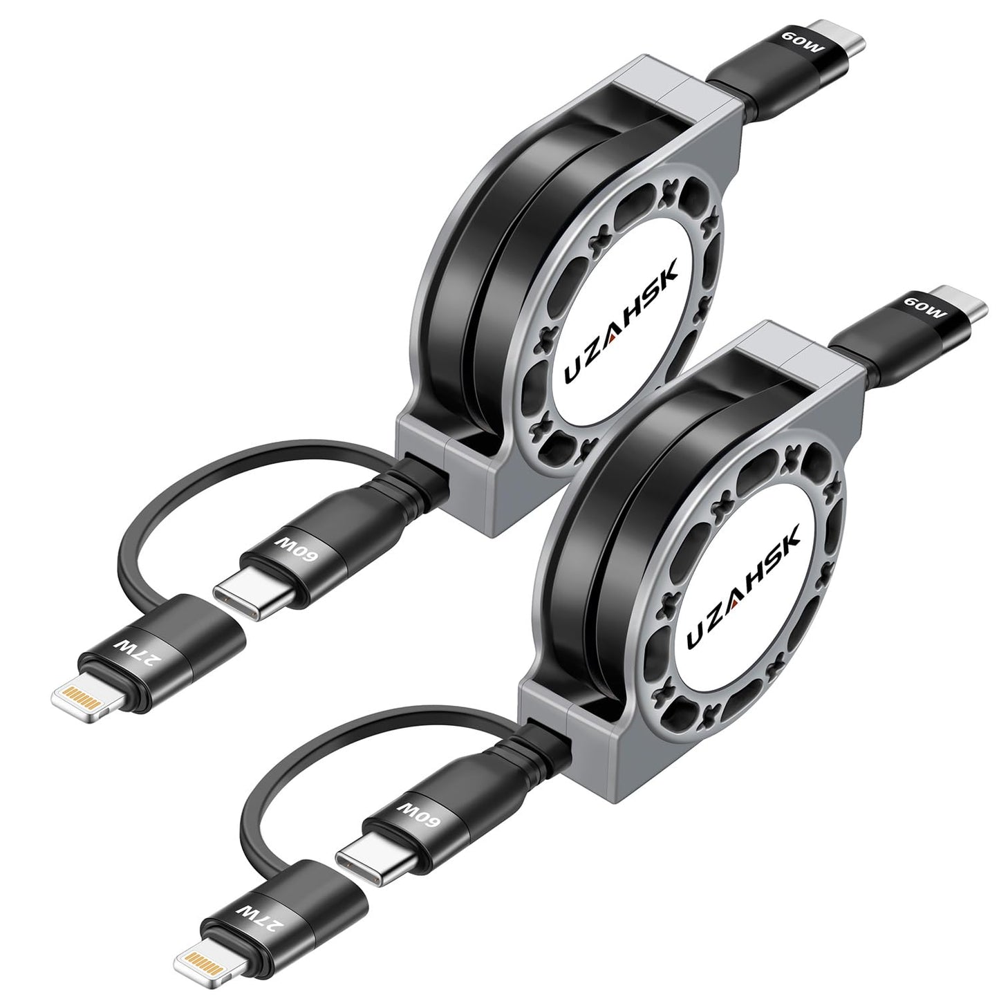 UZAHSK 2 in 1 Retractable USB-C to Lightning/Type-C Charger, 2Pack 4ft, 60W Fast Charge for iPhone 13/14/15/16/17 Pro…