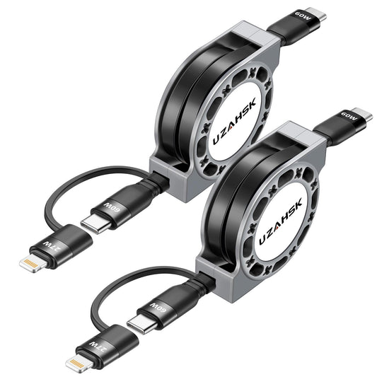 UZAHSK 2 in 1 Retractable USB-C to Lightning/Type-C Charger, 2Pack 4ft, 60W Fast Charge for iPhone 13/14/15/16/17 Pro…