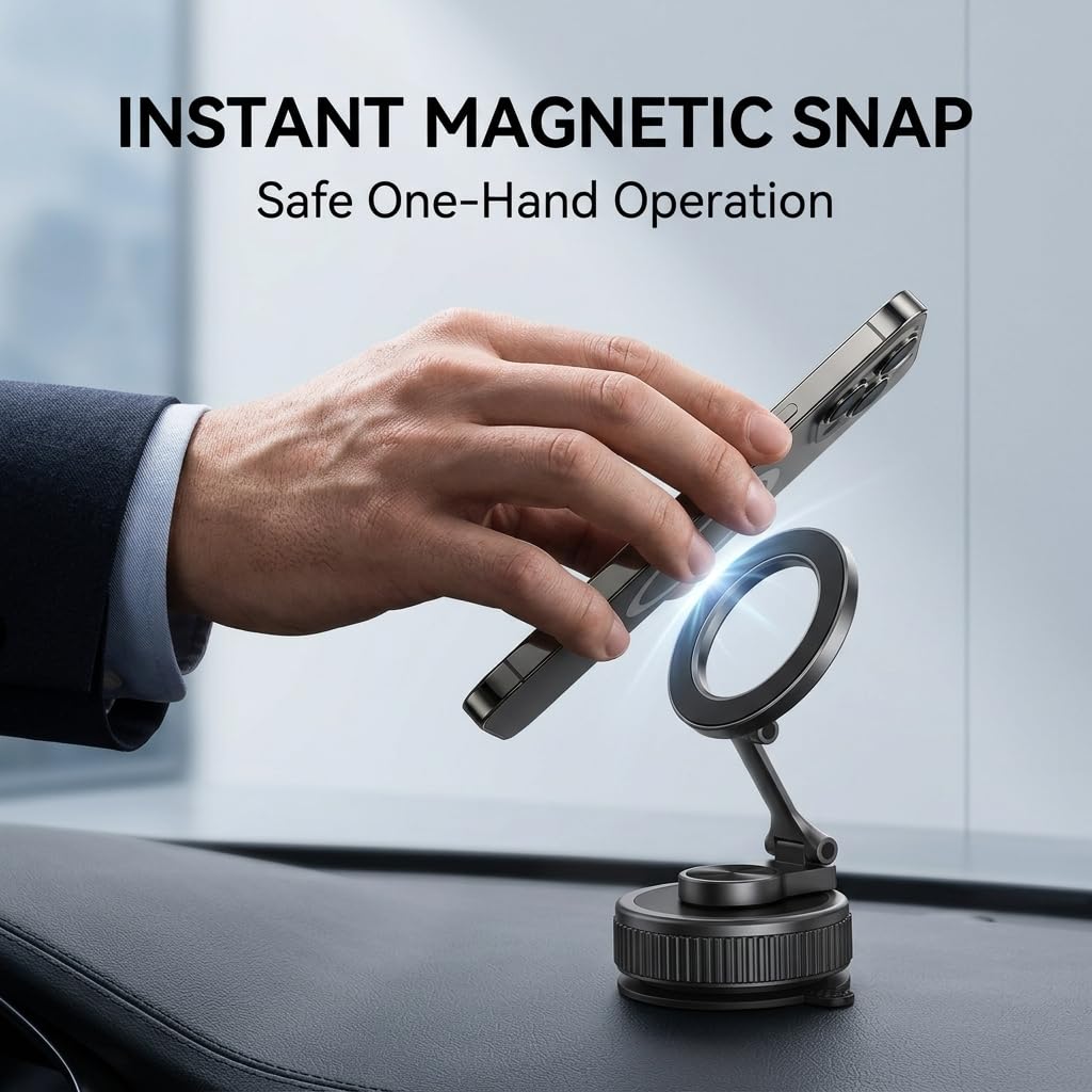 bqoeesok Magnetic Car Phone Holder for MagSafe, [98LBS Suction & 2400gf N52] 360° Zinc Alloy Foldable Mount, 0.75" Ultra-Thin for Dash/Windshield